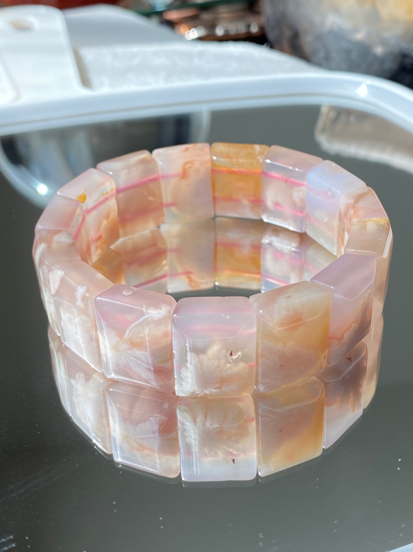 AAAA Clear colorful  Grade Nature Sakura Agate cherry blossom flower agate Rectangle bangle bracelet,gift for her