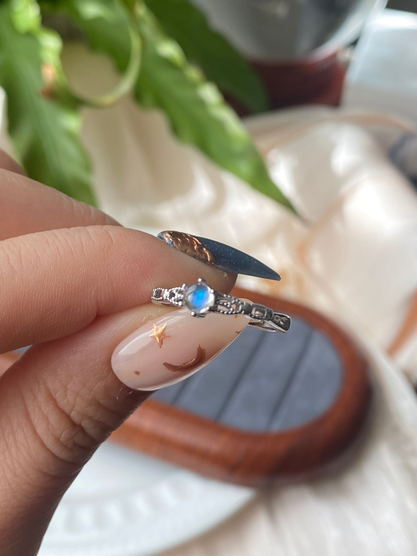 Natuarl top grade moonstone,blue flash band sterling silver ring,gift for her,anniversary ring