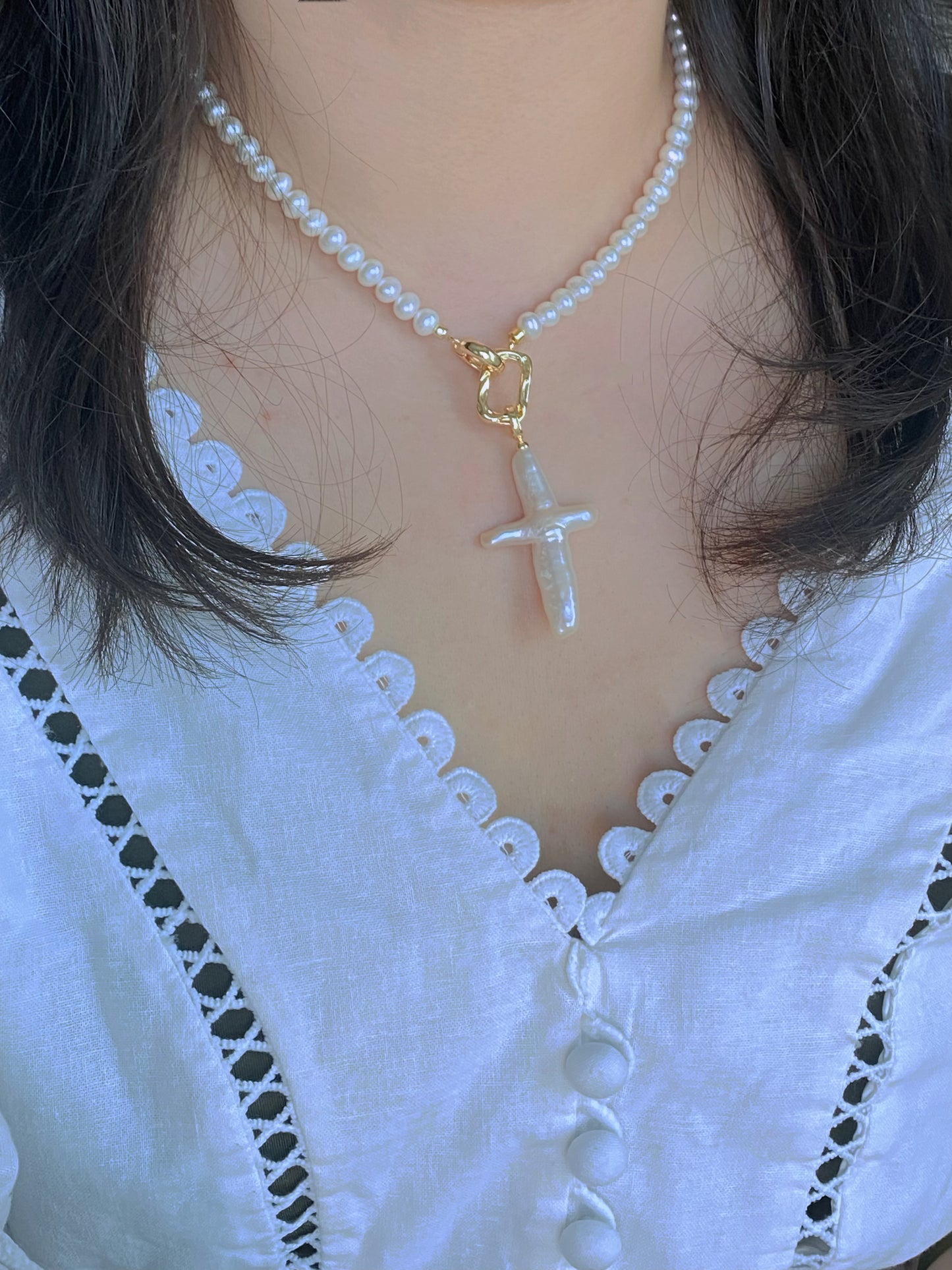 Natural Fresh Water Pearl  Baroque Cross Multiple Use Neckalcel Cross Necklace l Religious Pendantl Customizable Elegant Necklacel best gift