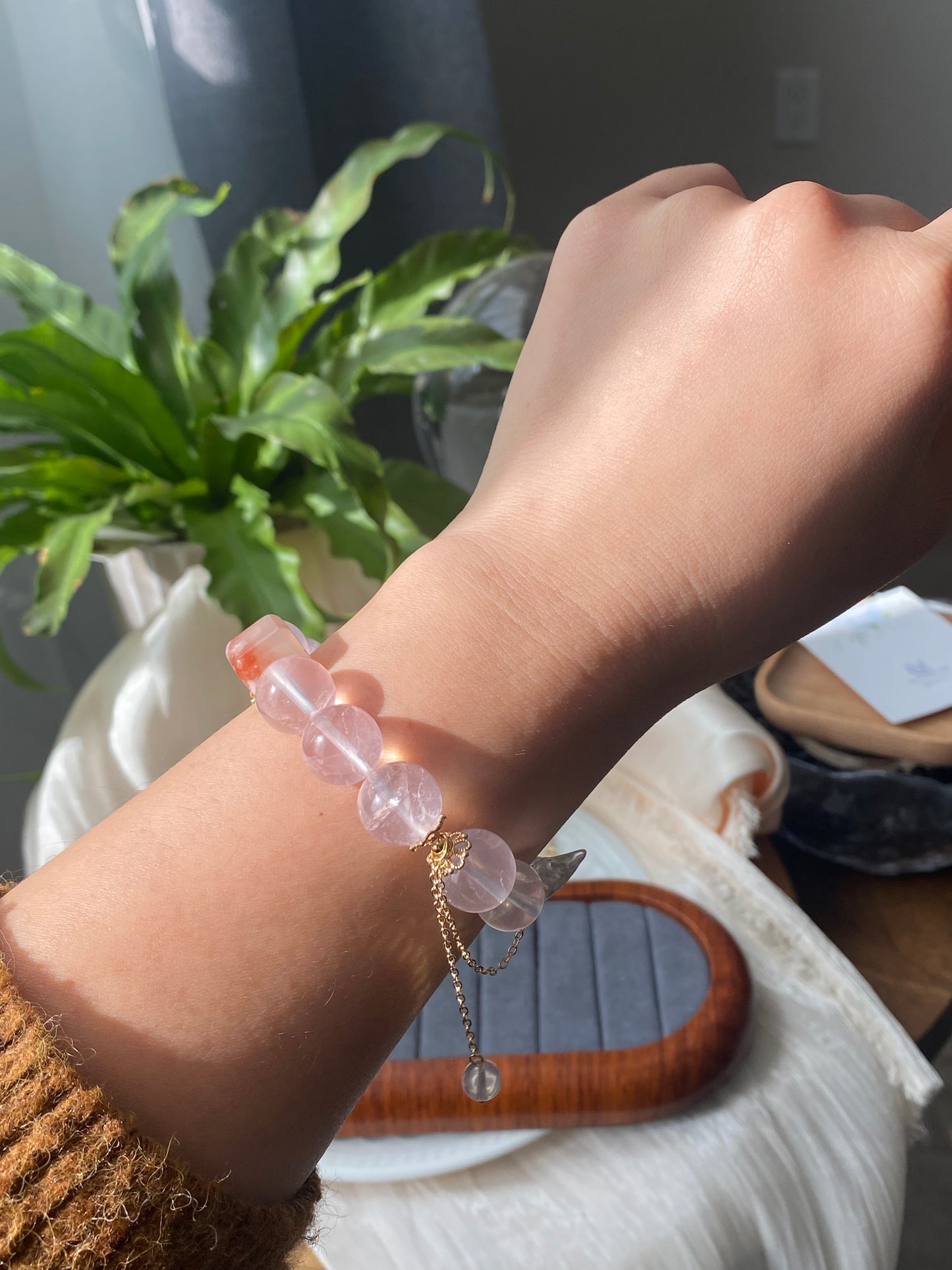 Natural star rose quartz with cube flower agate handcraft white crystal wing design dangle bracelet,gift for her