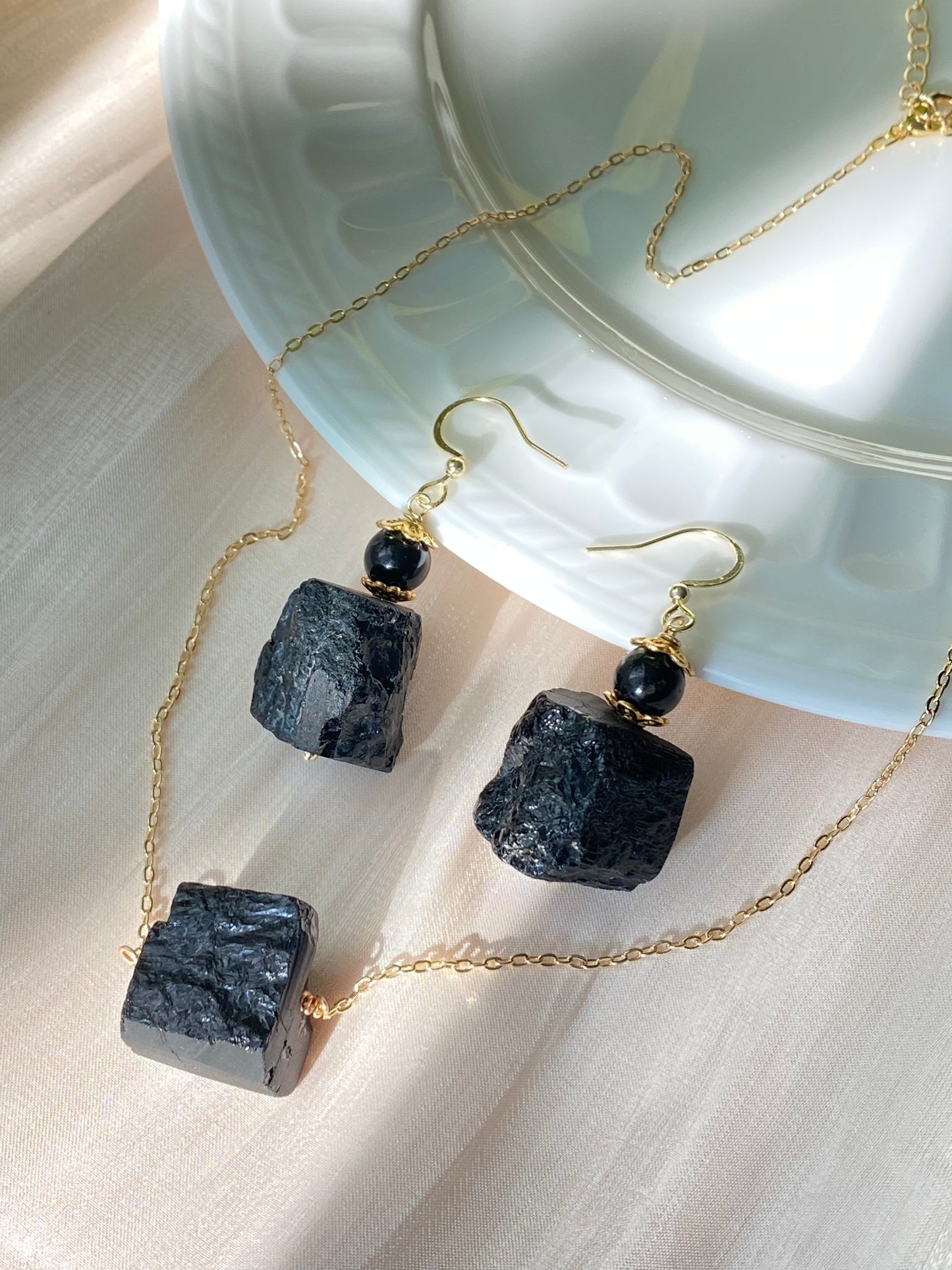 Raw Black Tourmaline Necklace and Earring Set - Protective Energy Healing Crystal Jewelry