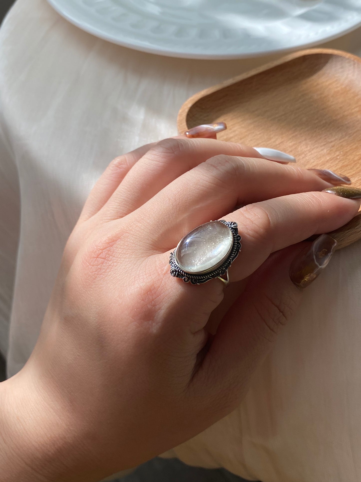 Natural Polished Libyan Desert Glass,Libyan Gold Tektite Sterling silver Mid Century Modern Vintage setting Oval shape Adjustable Ring