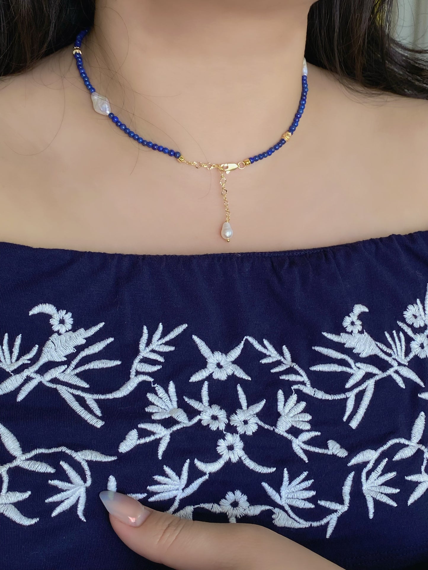 Lapis Lazuli and Diamond-Shaped Baroque Pearl Necklace  | Fireball Baroque Pearl | Handmade Gift | Gift for Mom | Chocker Necklace