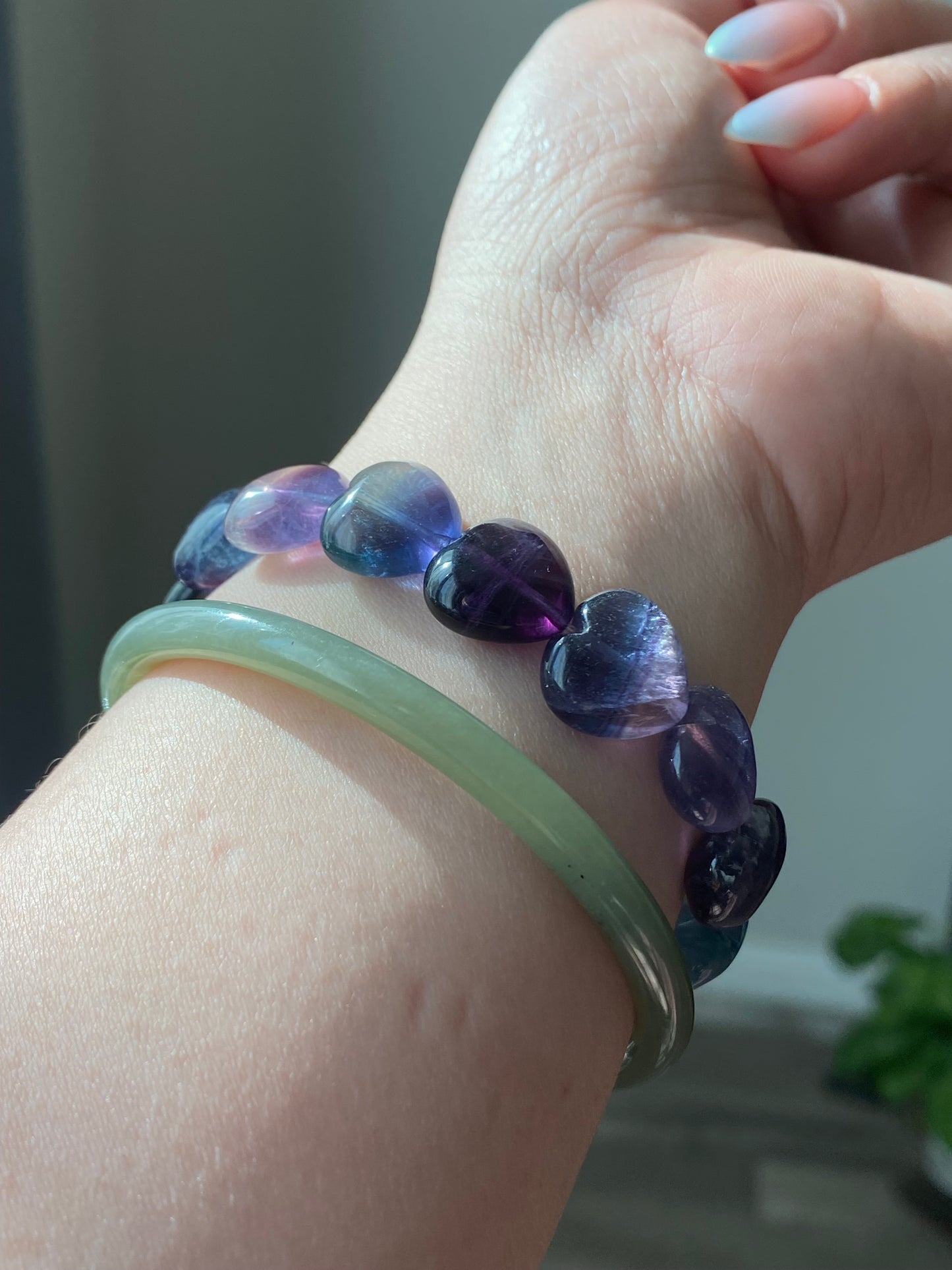 Heart shape cuty green purple fluorite gradient Handmade beads bracelet-Spiritual Healing and Self-Exploration