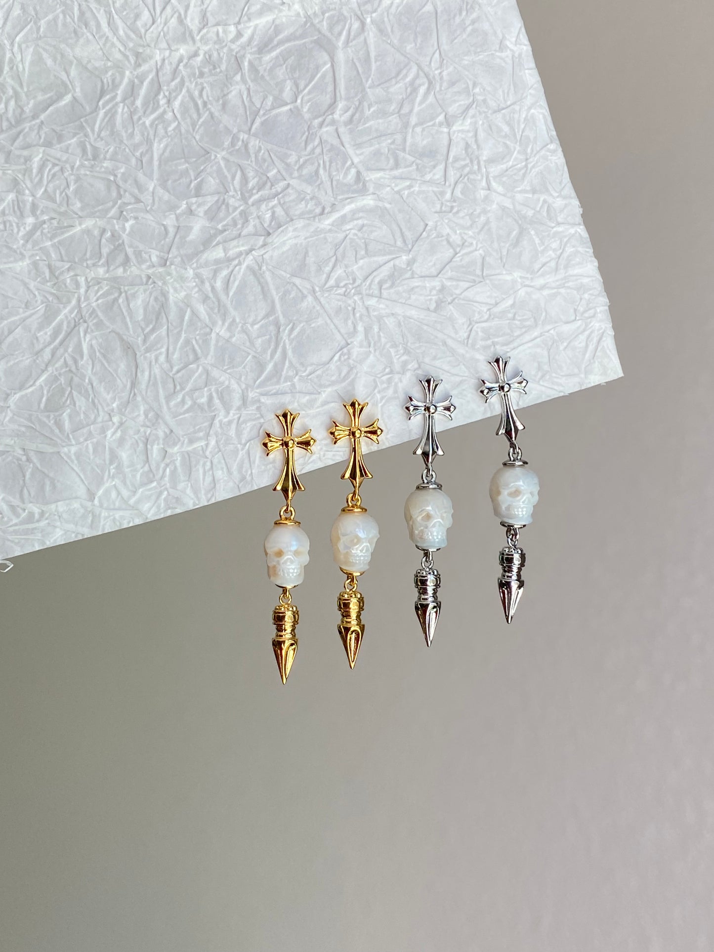 Hand-Carved Skull Pearl Cross Drop Earrings Gothic Pearl Spike Earrings  Everyday Edge Halloween Bold Dard Limited edition gift for him