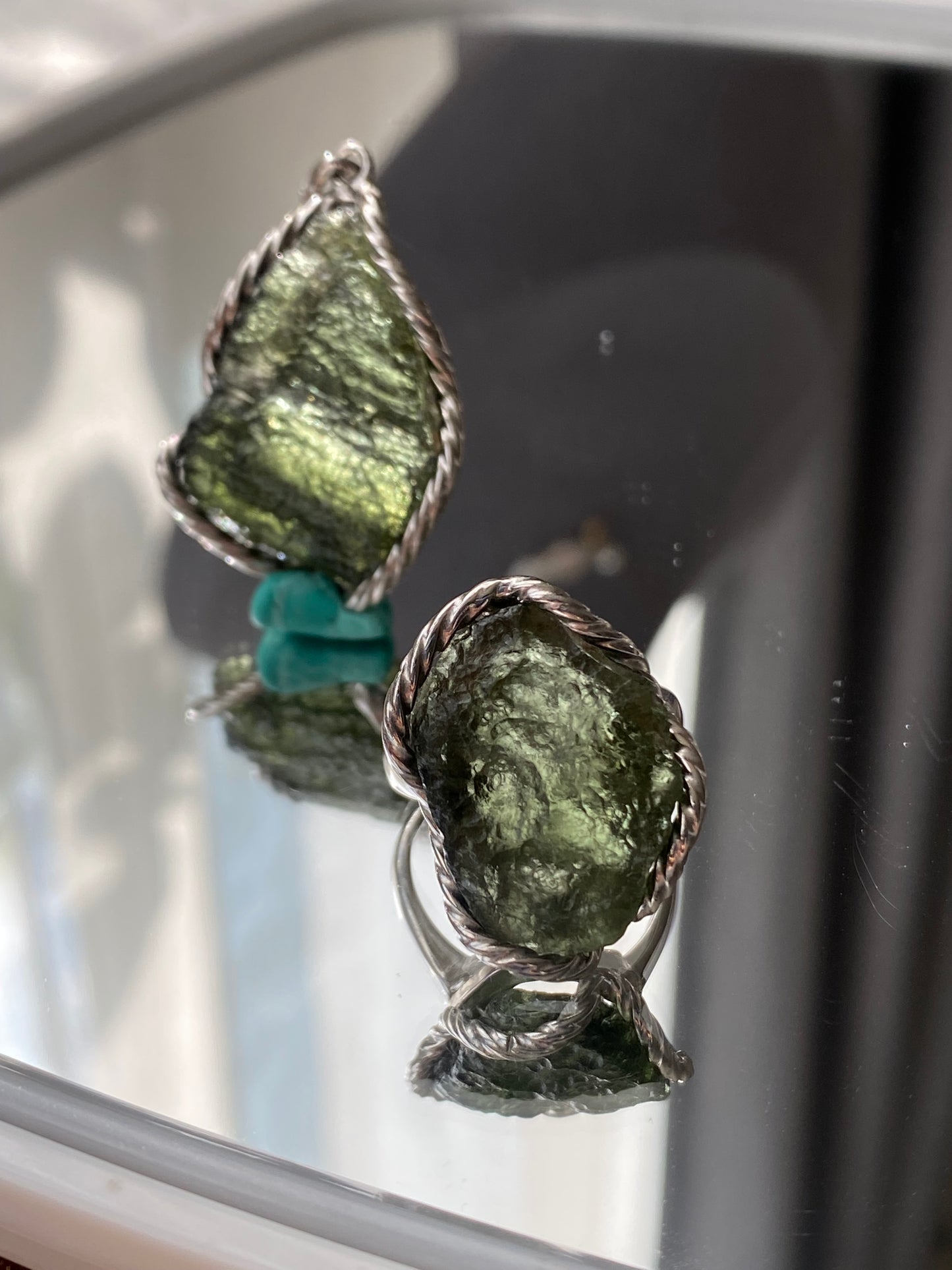 Handcrafted Sterling Silver Moldavite Ring and Necklace Pendant Genuine Moldavite Raw Crystal Pendant