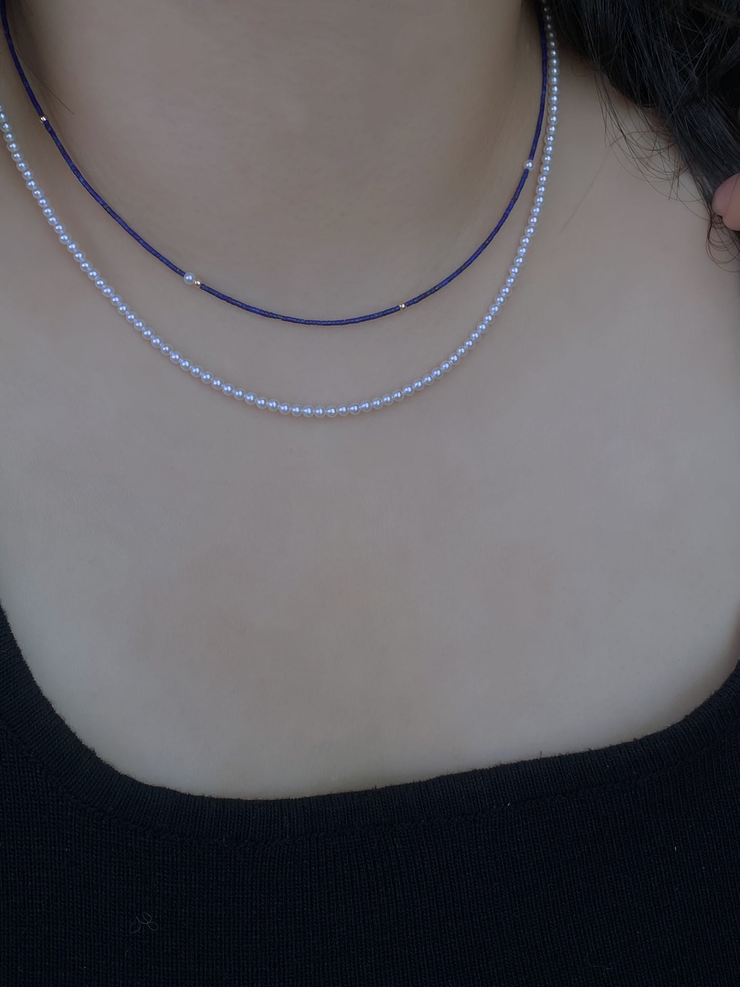 Unique found 1mm Lapis Lazuli  Tiny Pearl Choker Necklace Dainty Minimalist Beaded Necklace  Dainty Layering Necklace ultra thin choker