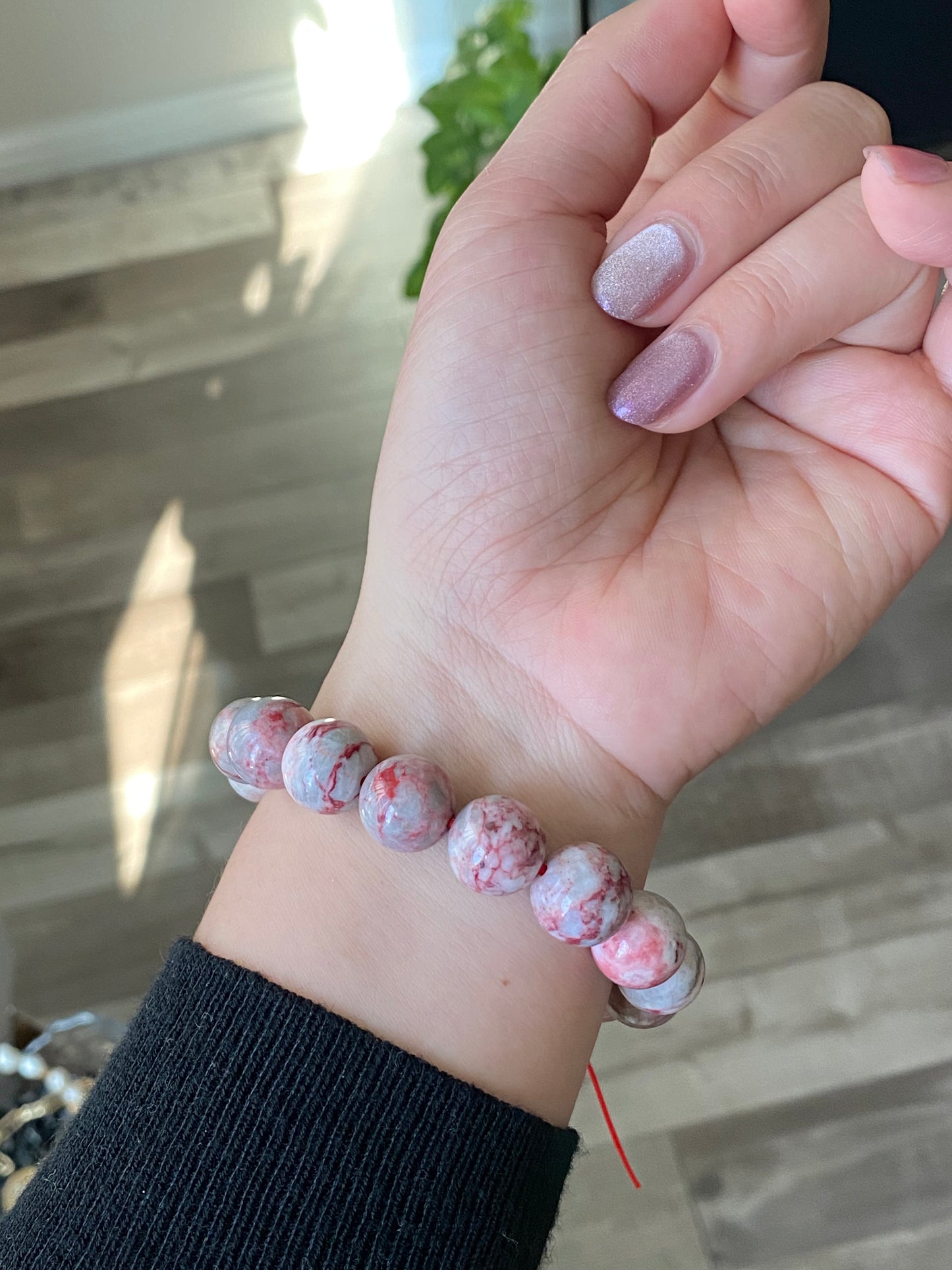 Natural Raw Rare Cinnabrite, Cinnabar in Quartz,Smooth Round Beaded Bracelet- Raw Mineral for Energy and Wealth