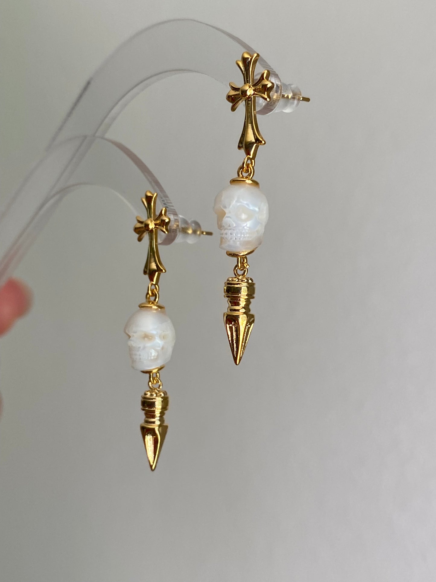 Hand-Carved Skull Pearl Cross Drop Earrings Gothic Pearl Spike Earrings  Everyday Edge Halloween Bold Dard Limited edition gift for him