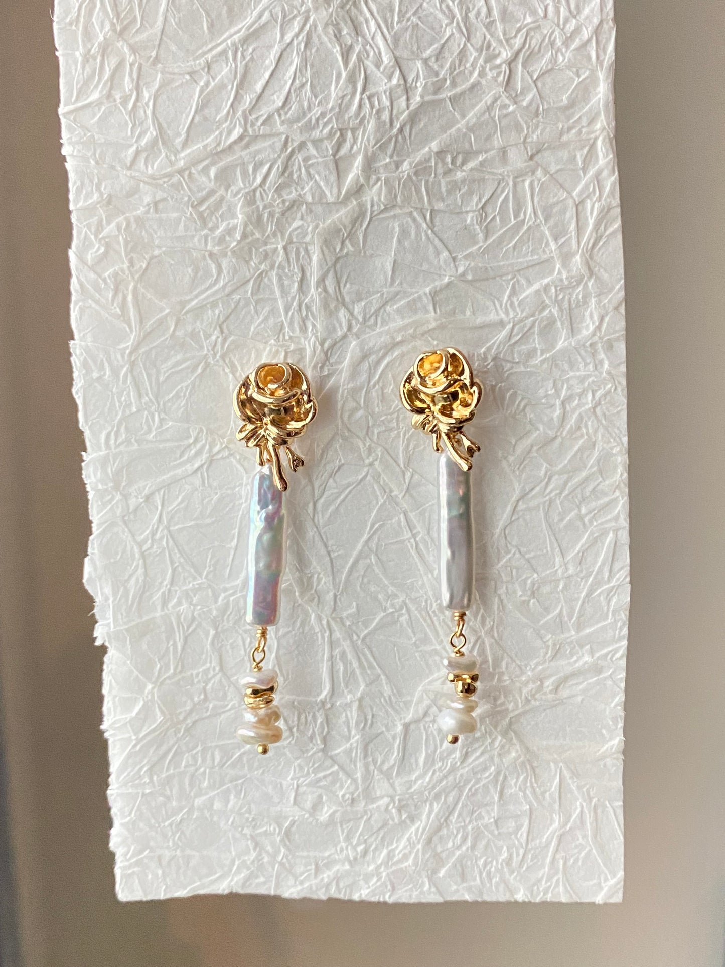 Natural Biwa/Pipa baroque stick freshwater pearl dangle Swaying Grace Rose Studs earring,best Valentine‘s gift’