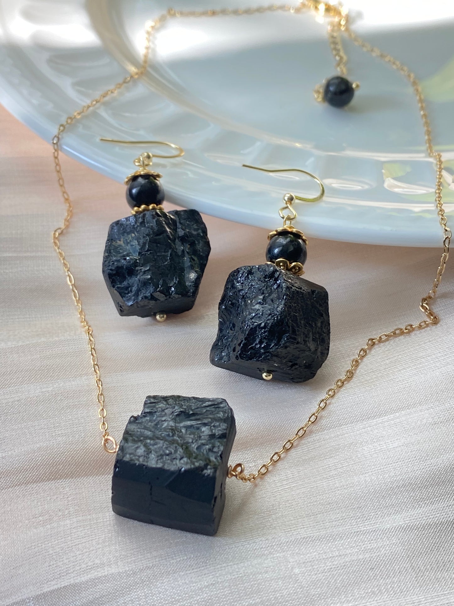 Raw Black Tourmaline Necklace and Earring Set - Protective Energy Healing Crystal Jewelry