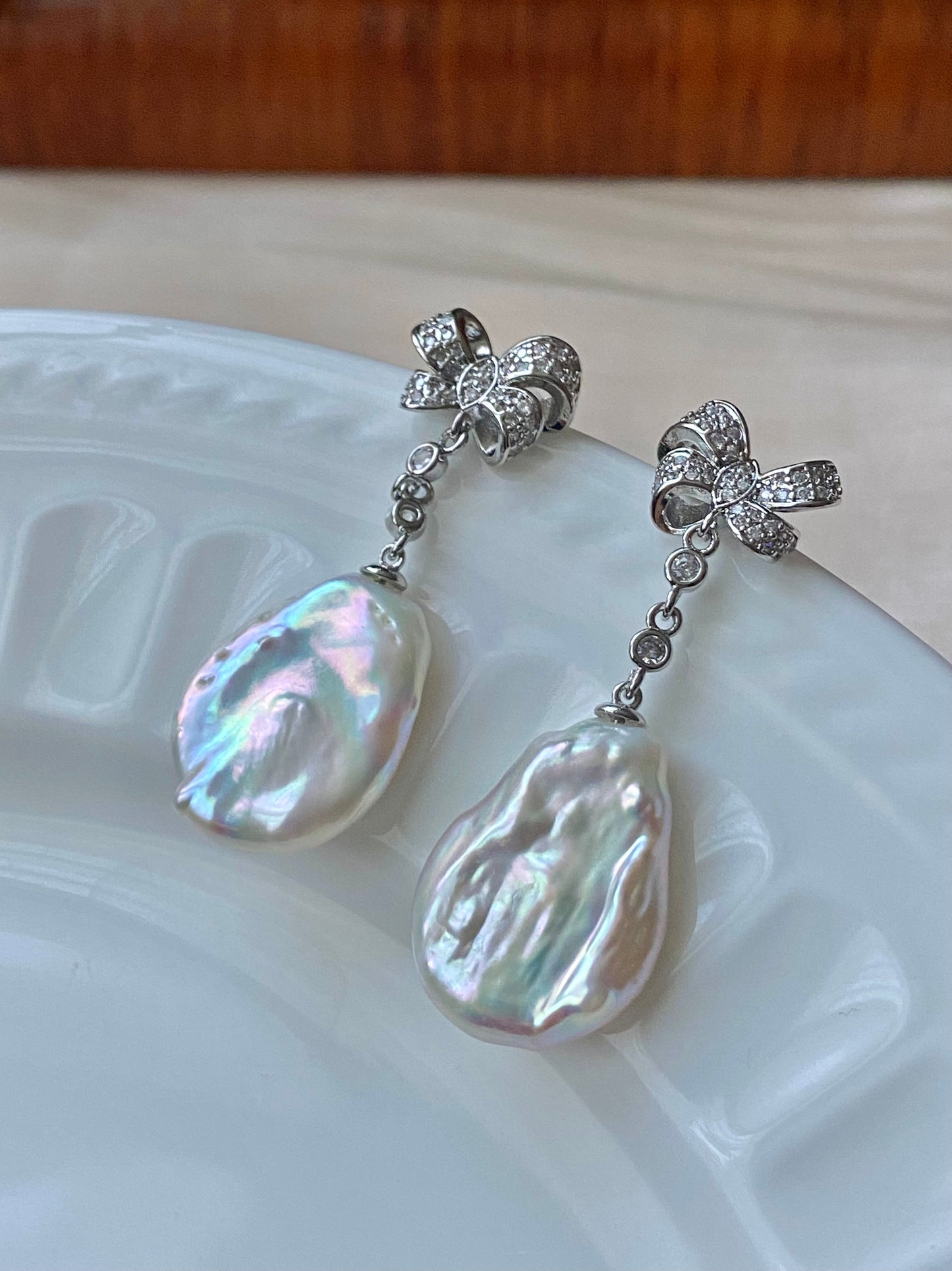 Rare found petal flower freshwater baroque pearl rainbow luster bow stud earring-gift for her,holiday gift