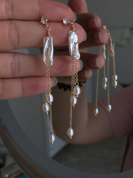 Freshwater Pearl Tassel Earrings, Long Baroque Pearl Dangle Earrings, Gold Chain Bridal Earrings, Elegant Drop Dainty Earrings gift for her