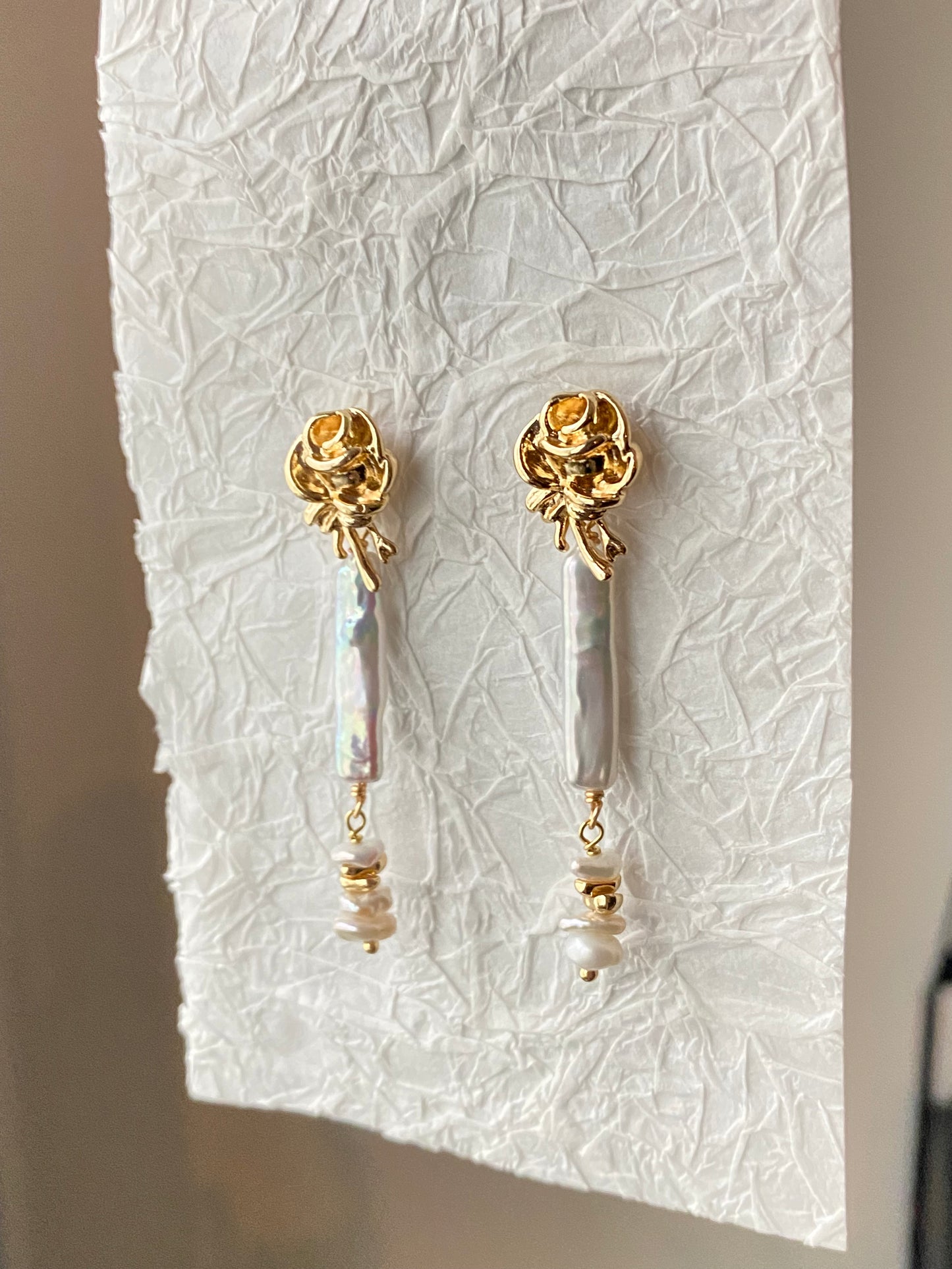 Natural Biwa/Pipa baroque stick freshwater pearl dangle Swaying Grace Rose Studs earring,best Valentine‘s gift’