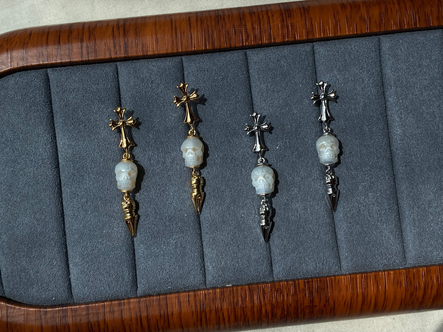 Hand-Carved Skull Pearl Cross Drop Earrings Gothic Pearl Spike Earrings  Everyday Edge Halloween Bold Dard Limited edition gift for him