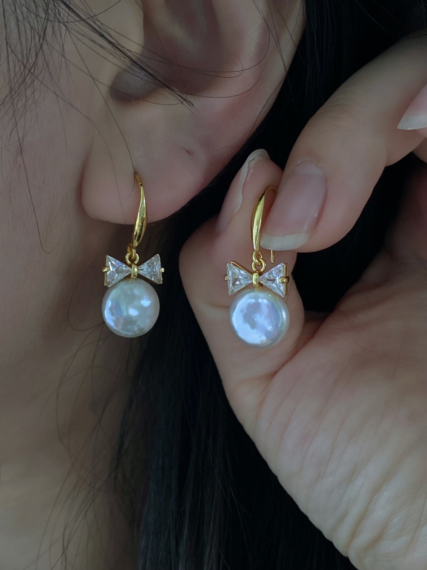 Handmade Natural Baroque Coin Pearl with Zircon Bow Hook Earrings,Cute Bow earring Elegant Dainty earring, Wedding Earrings, Bridesmaid Gift