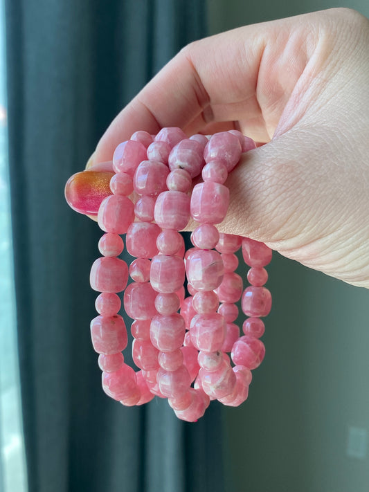 Natural High Grade Rhodochrosite, Faceted Barrel Shape,Pork Belly , Stretchy BraceletGift for loverDiamond Shine-bootsing &Balancing