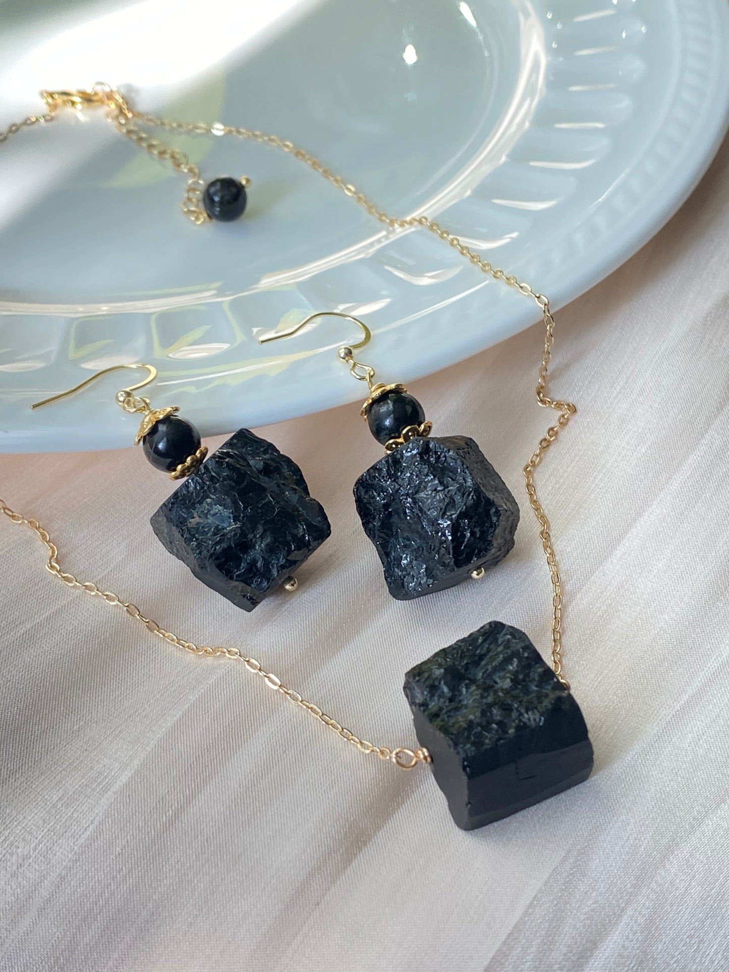 Raw Black Tourmaline Necklace and Earring Set - Protective Energy Healing Crystal Jewelry