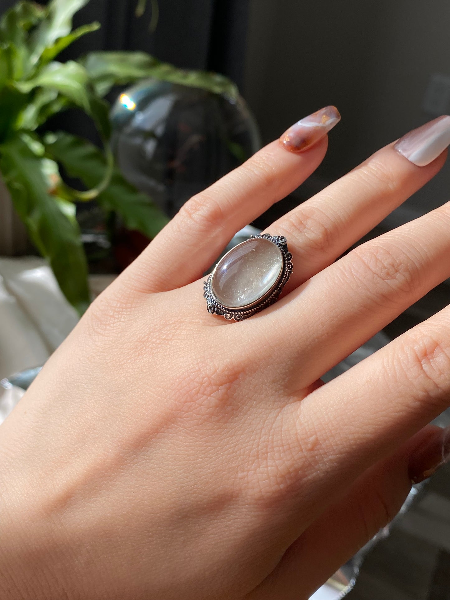 Natural Polished Libyan Desert Glass,Libyan Gold Tektite Sterling silver Mid Century Modern Vintage setting Oval shape Adjustable Ring