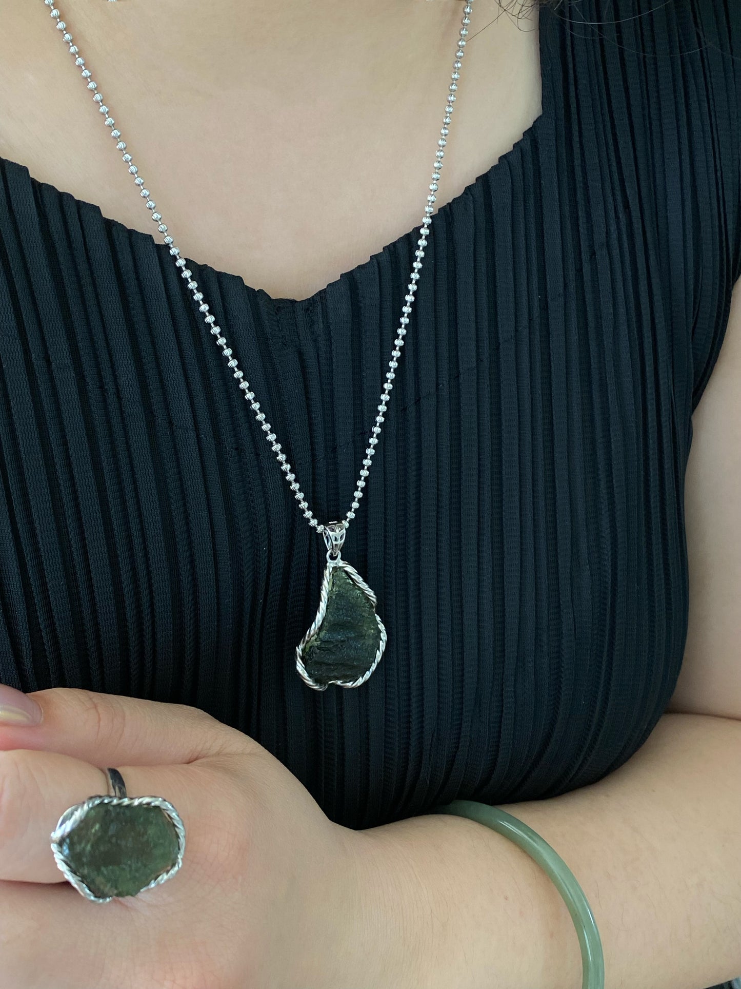 Handcrafted Sterling Silver Moldavite Ring and Necklace Pendant Genuine Moldavite Raw Crystal Pendant