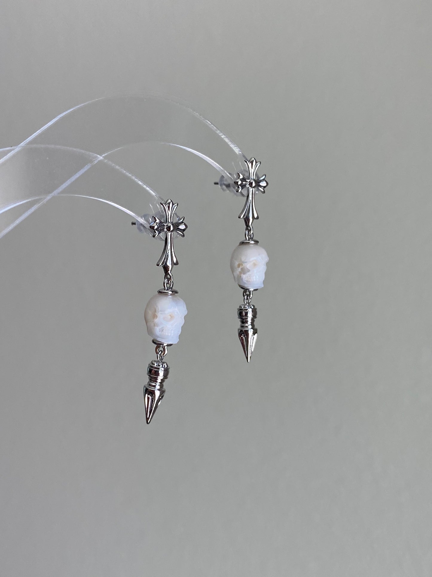 Hand-Carved Skull Pearl Cross Drop Earrings Gothic Pearl Spike Earrings  Everyday Edge Halloween Bold Dard Limited edition gift for him