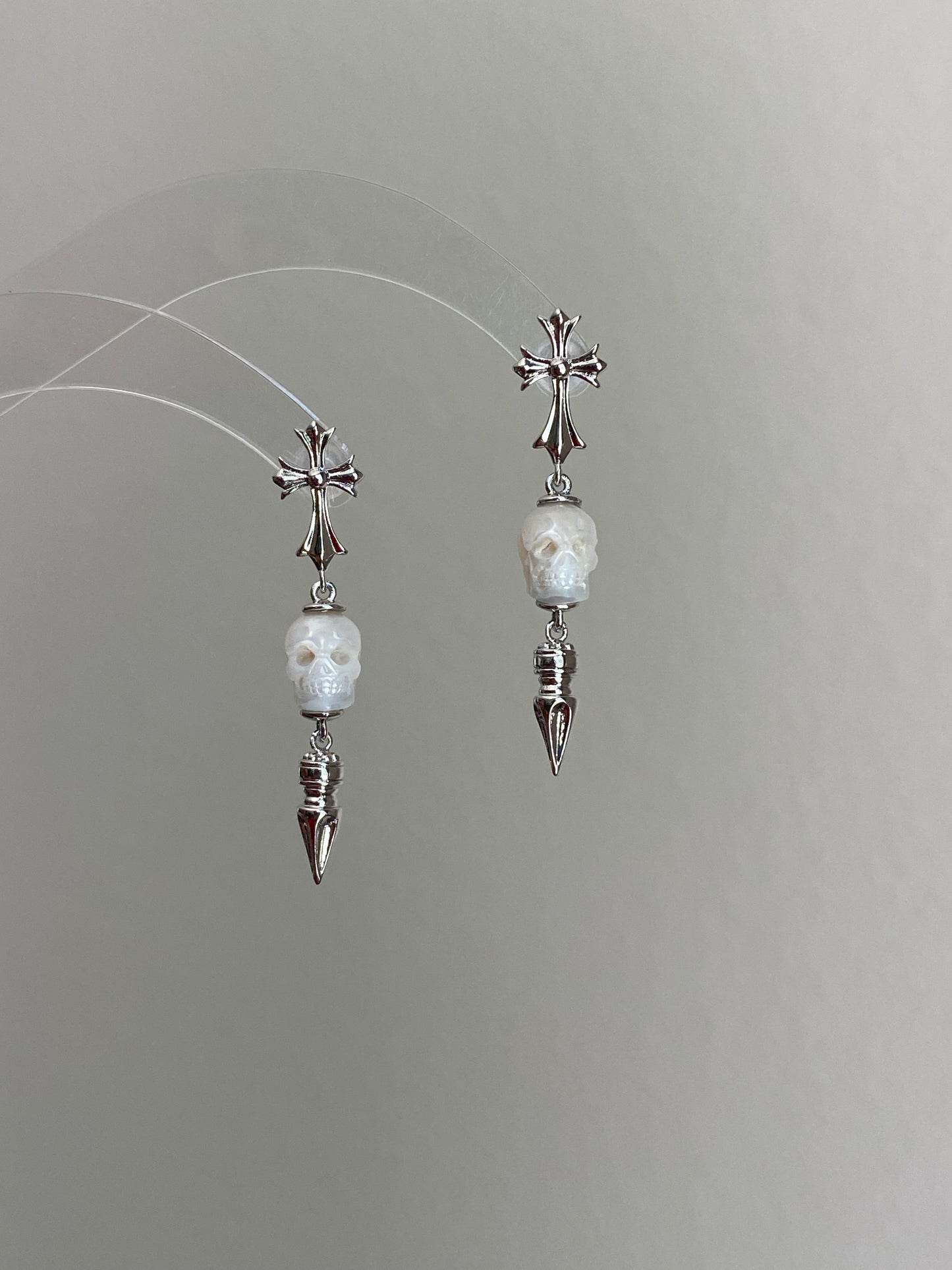 Hand-Carved Skull Pearl Cross Drop Earrings Gothic Pearl Spike Earrings  Everyday Edge Halloween Bold Dard Limited edition gift for him