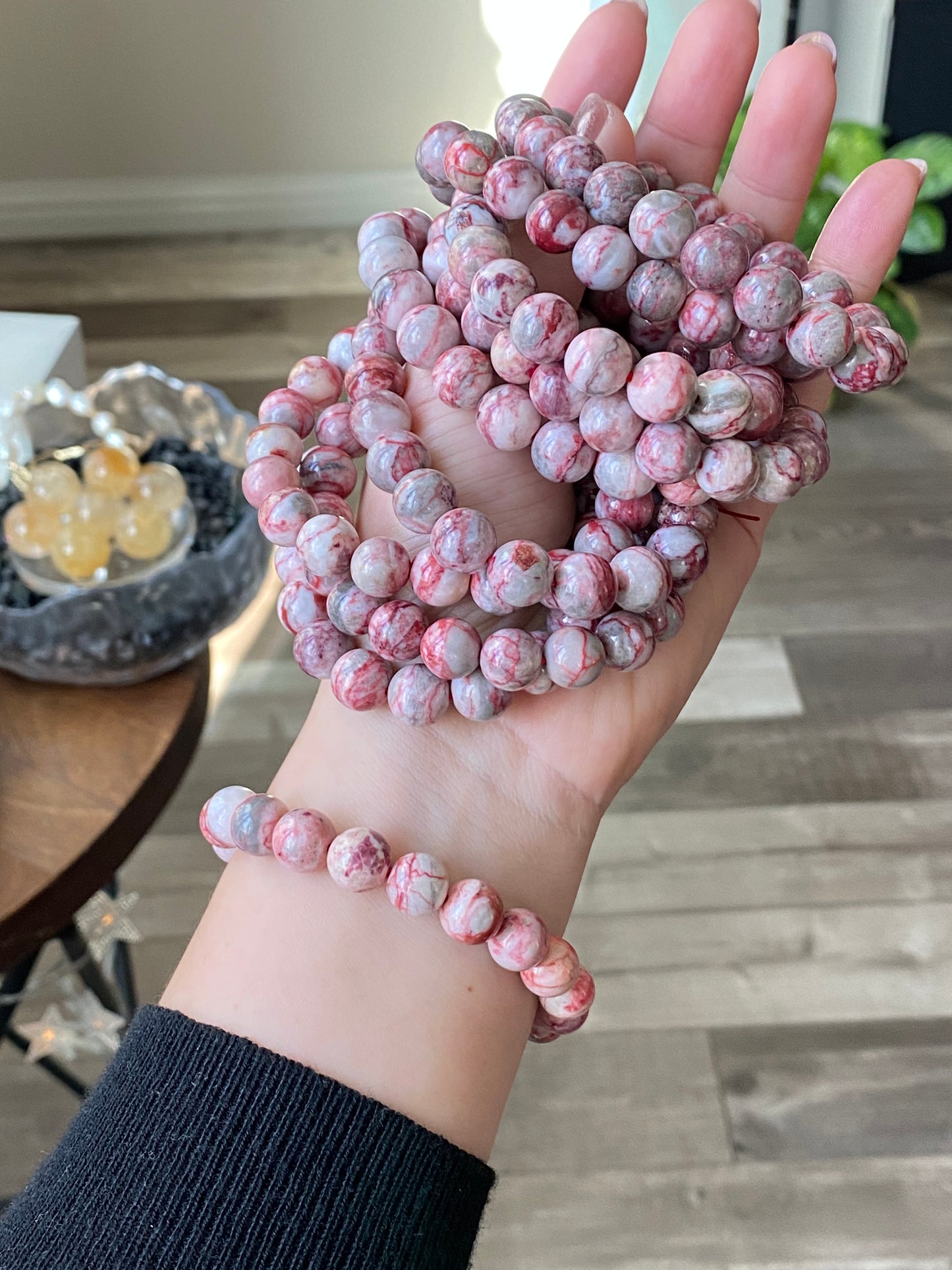 Natural Raw Rare Cinnabrite, Cinnabar in Quartz,Smooth Round Beaded Bracelet- Raw Mineral for Energy and Wealth