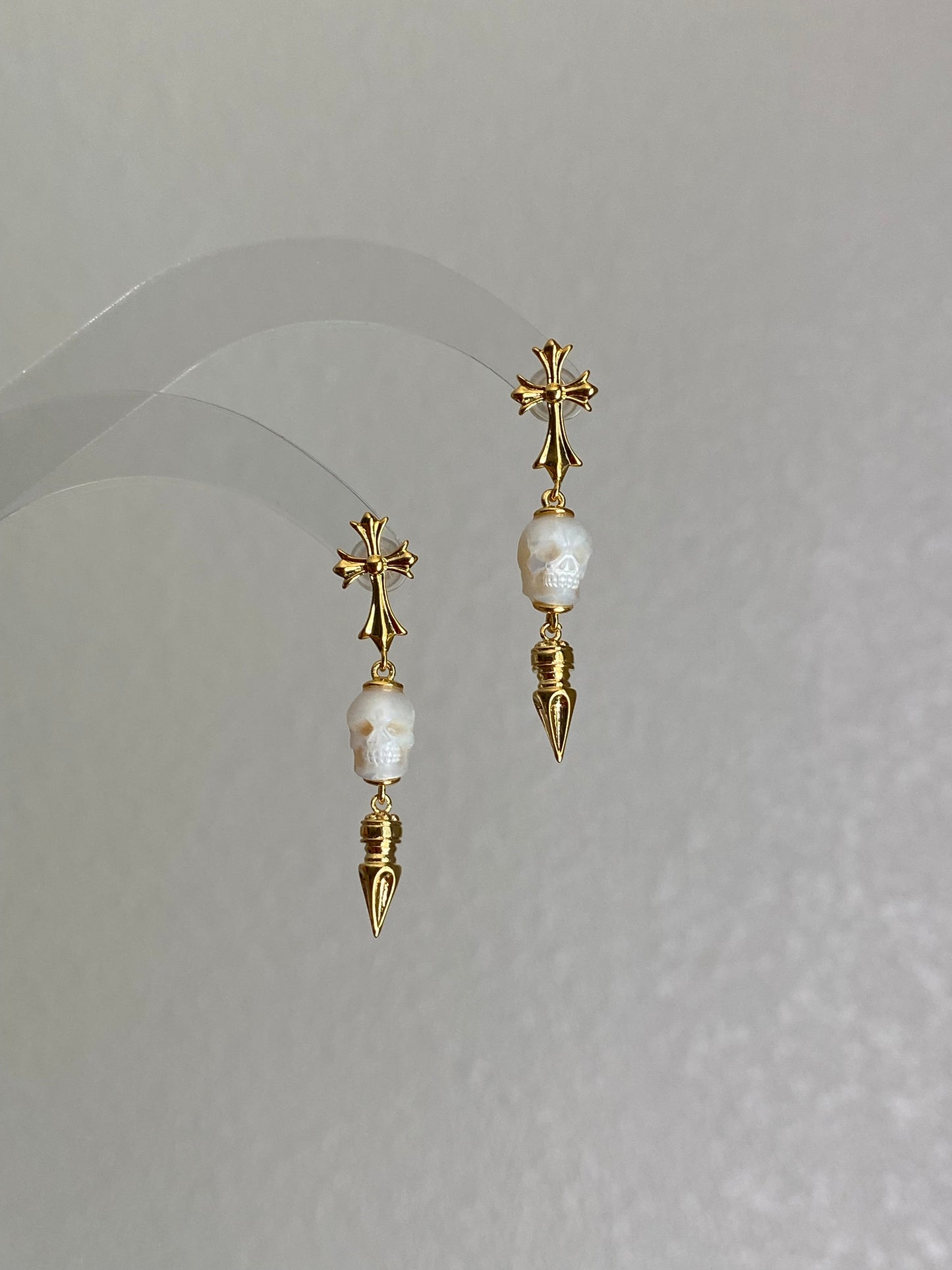 Hand-Carved Skull Pearl Cross Drop Earrings Gothic Pearl Spike Earrings  Everyday Edge Halloween Bold Dard Limited edition gift for him