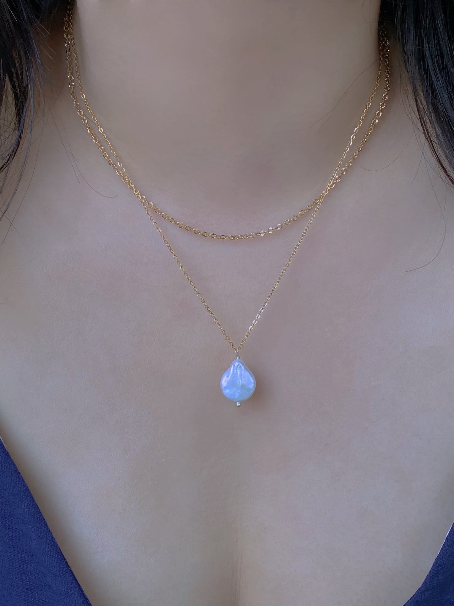 Double Layered Baroque Pearl Pendant Necklace – Elegant 18K Gold-Plated Chain