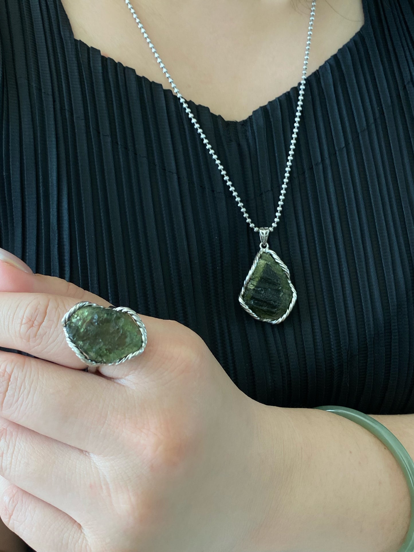 Handcrafted Sterling Silver Moldavite Ring and Necklace Pendant Genuine Moldavite Raw Crystal Pendant