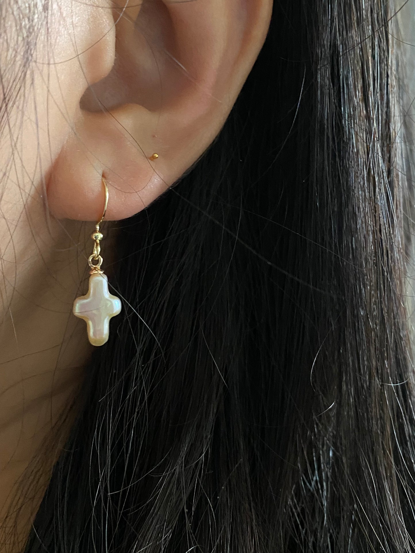 Freshwater pearl cross earrings on 14k gold studs/Pearl cross dangle earrings/Cross jewelry/Cross necklace