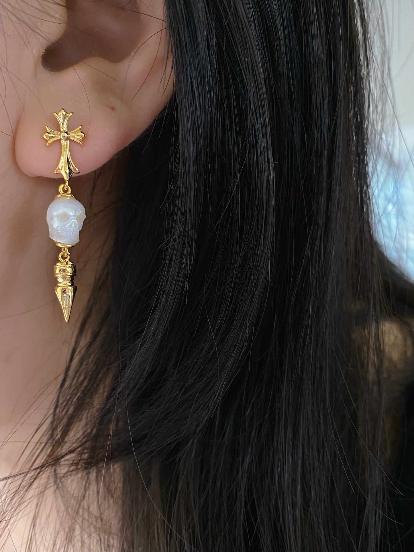 Hand-Carved Skull Pearl Cross Drop Earrings Gothic Pearl Spike Earrings  Everyday Edge Halloween Bold Dard Limited edition gift for him