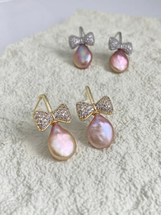 Baroque Pearl Bow Stud Earrings, Elegant Drop Earrings, Pave Rhinestone Bow Design, Pink Pearl Bridal Jewelry, Gift for Her,Luxury Earring