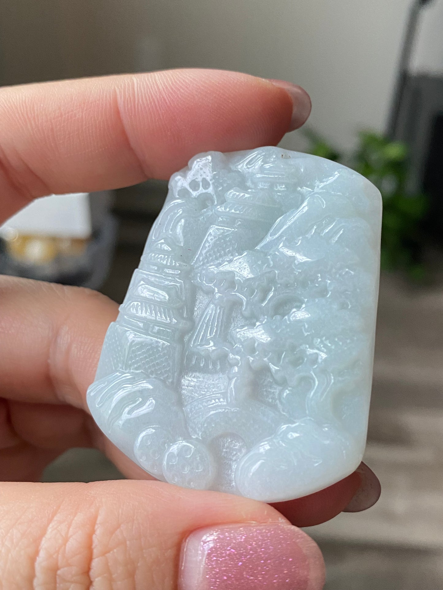 Natural Hand-Carved Burmese Jadeite Landscape Pendant | Healing White Jade Jewelry