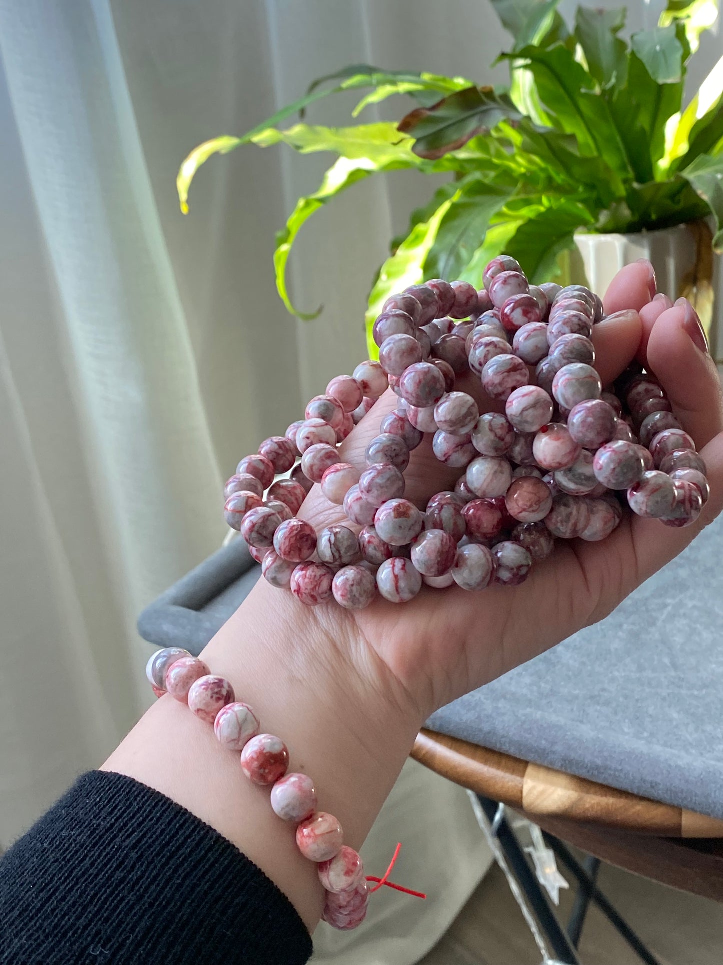 Natural Raw Rare Cinnabrite, Cinnabar in Quartz,Smooth Round Beaded Bracelet- Raw Mineral for Energy and Wealth