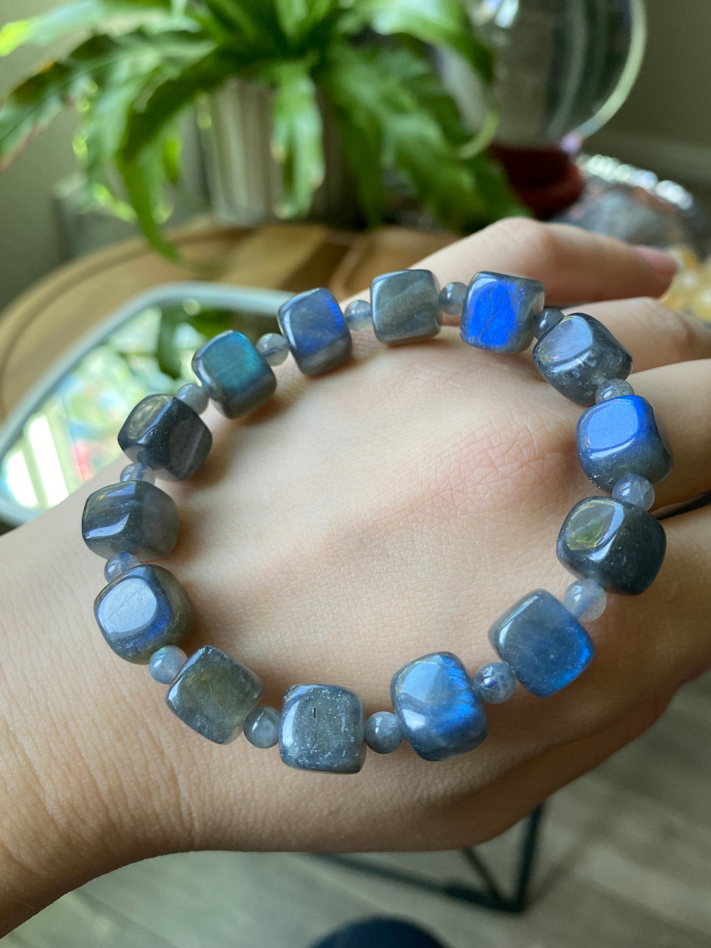 Natural High Grade Blue Fire Rainbow Fire Labradorite square Beaded Bracelet,Groomsman gifts,Bridesmaid Gifts