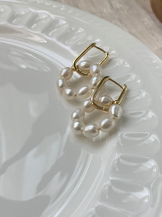 Handmade freshwater circle apricots pearls U-Link Hoops Earring, Gifts for Her