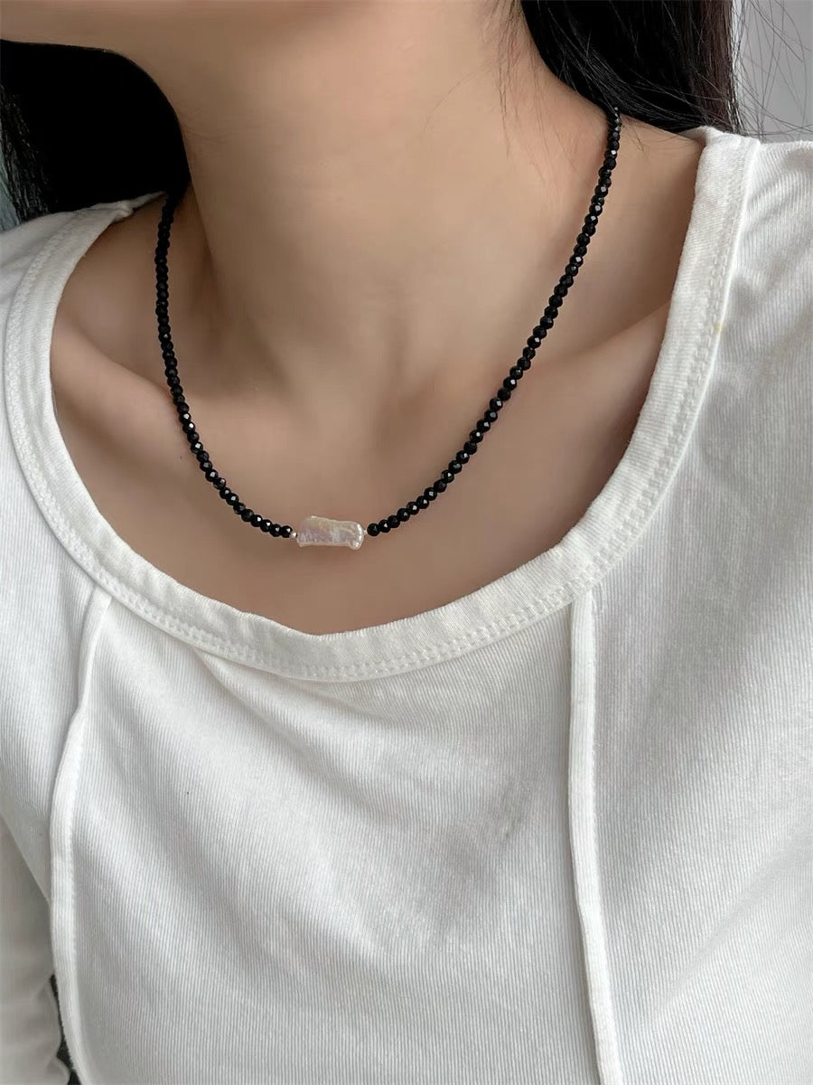 Natural Black spinel with top grade freshwater baroque biwa pearl chocher necklace,adjustable,gift for her,gift for him