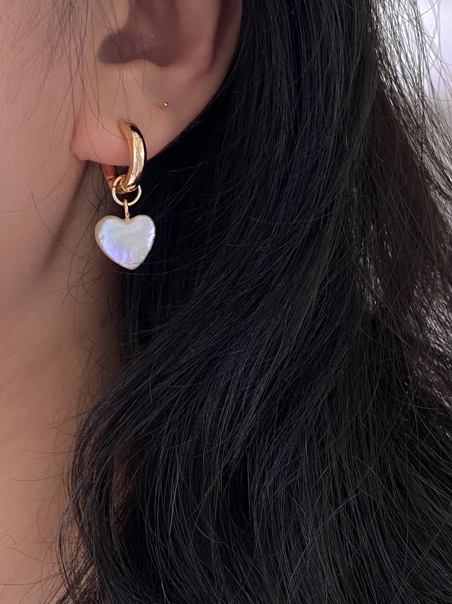 Dainty pearl Heart earrings on 14k gold studs-Pearl Heart Minimalism dangle earrings-Heart Jewelry Set-Heart necklace Bridesmaid Gift