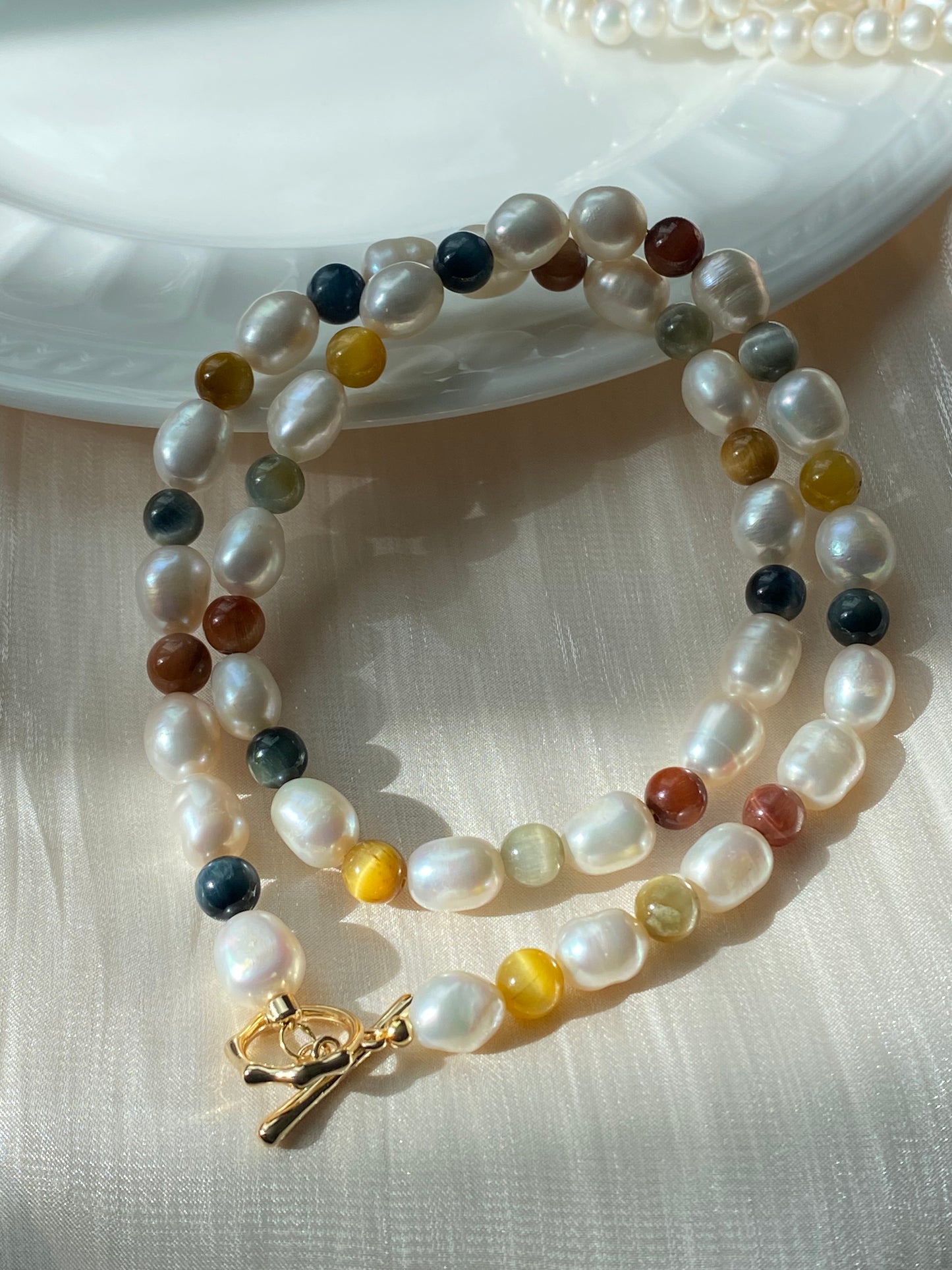 Natural freshwater pearl with rainbow tiger eyes chocker necklace,gift for her,gift for him