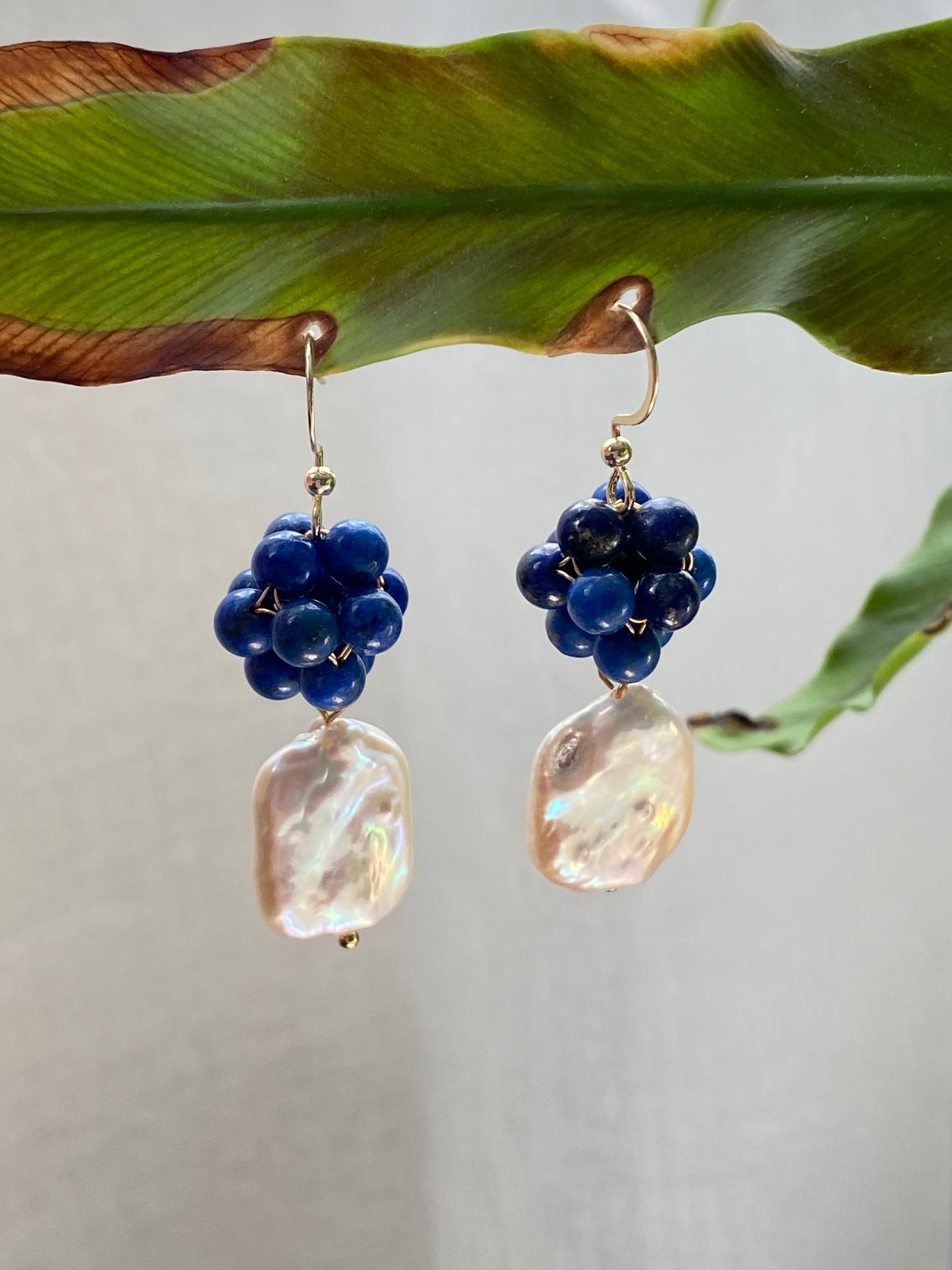 Blooming Lapis Lazuli Sphere & Pearl Earrings - Unique Design for Love Expression