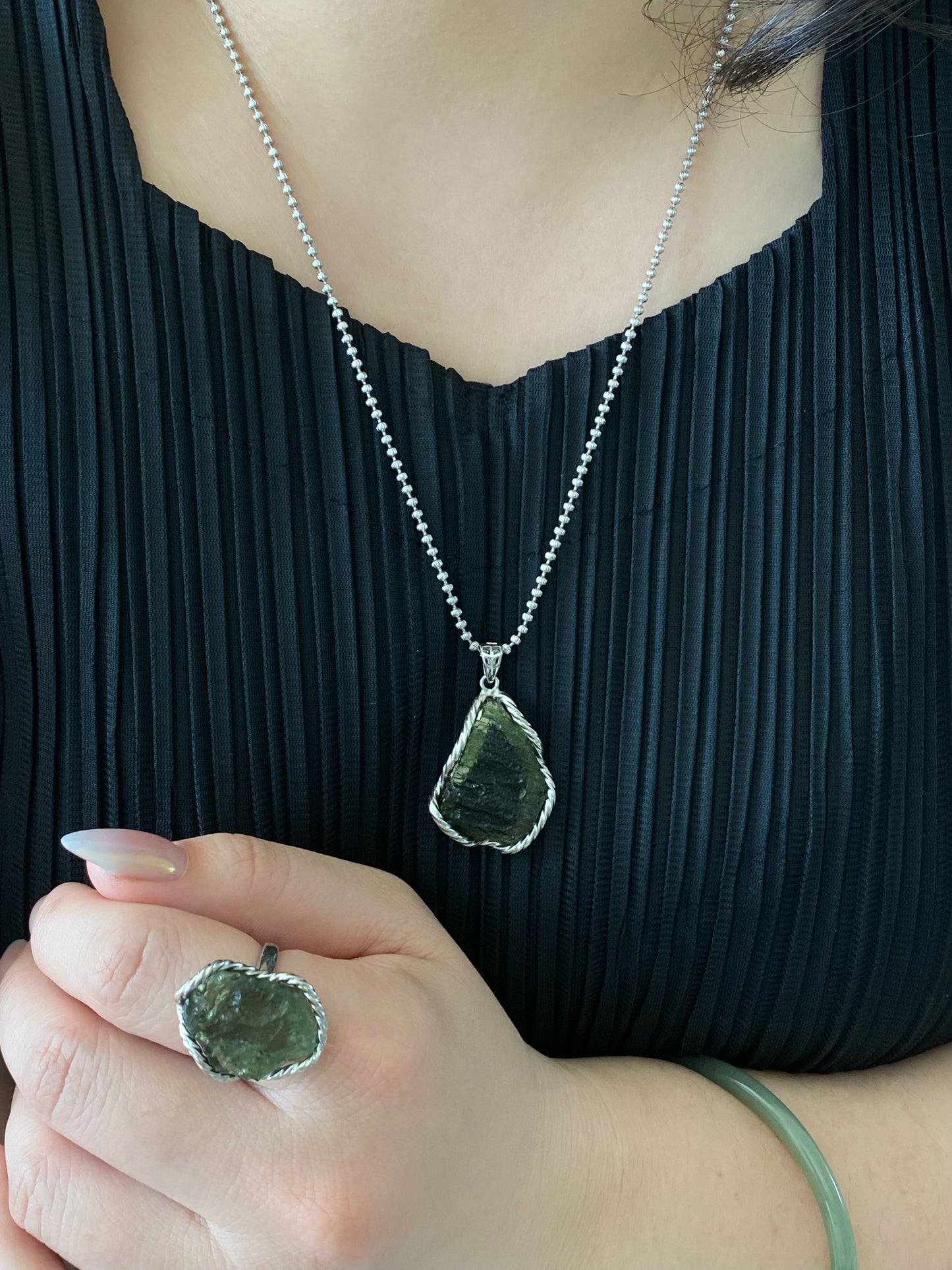 Handcrafted Sterling Silver Moldavite Ring and Necklace Pendant Genuine Moldavite Raw Crystal Pendant