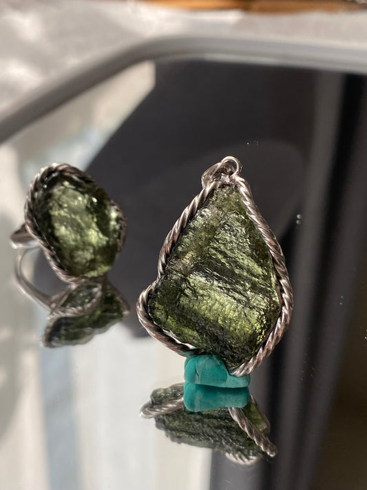 Handcrafted Sterling Silver Moldavite Ring and Necklace Pendant Genuine Moldavite Raw Crystal Pendant