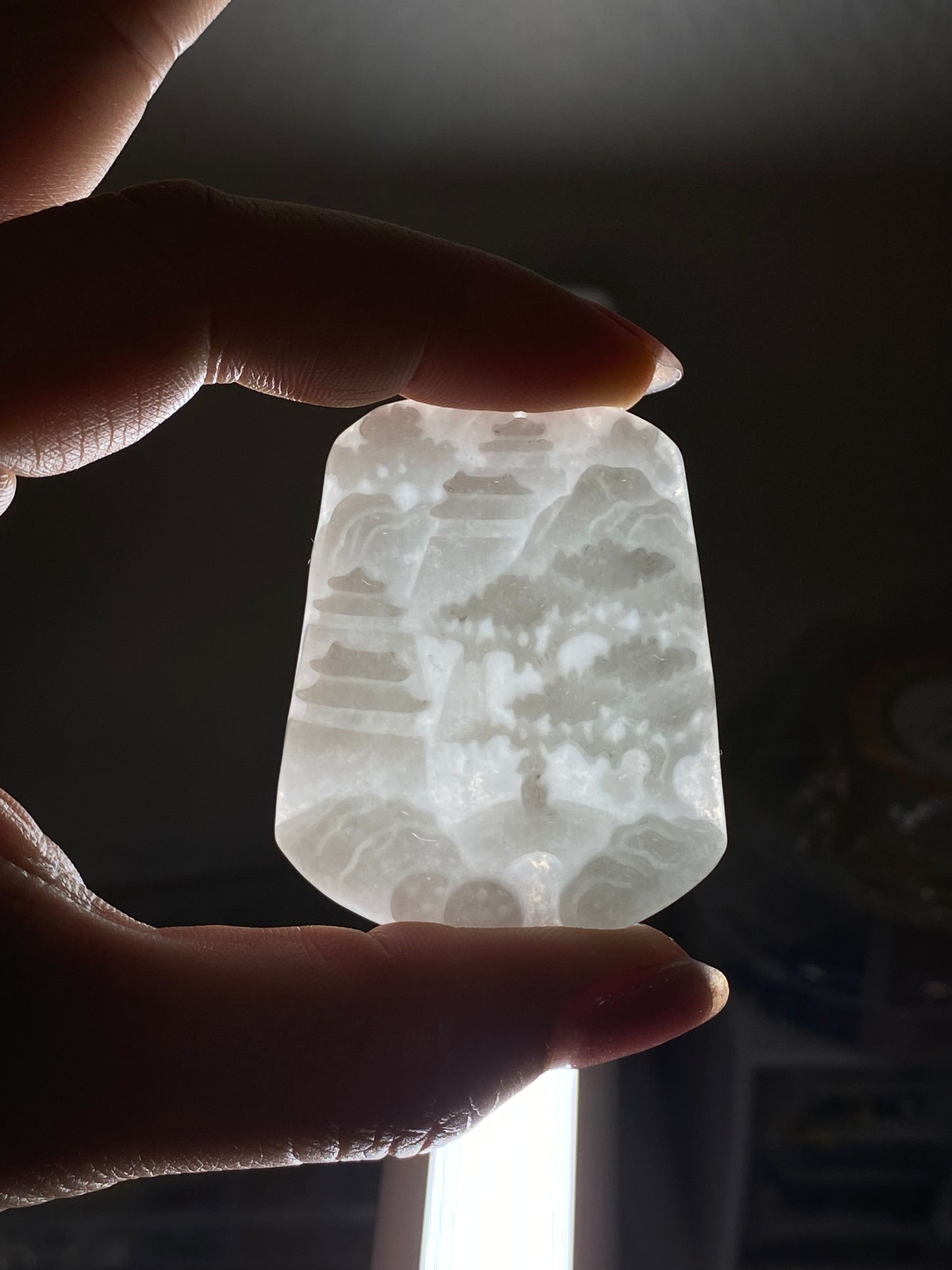 Natural Hand-Carved Burmese Jadeite Landscape Pendant | Healing White Jade Jewelry