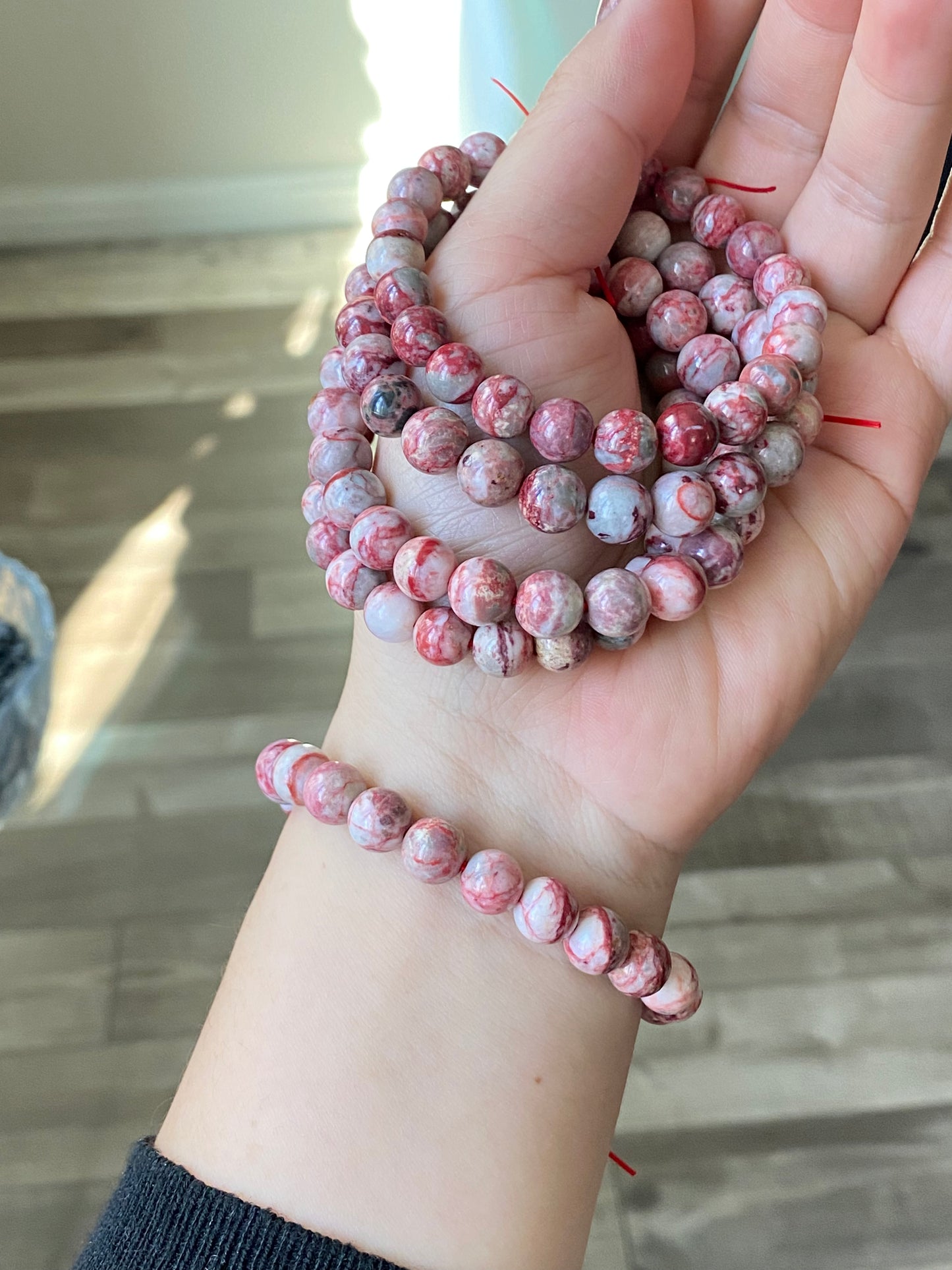 Natural Raw Rare Cinnabrite, Cinnabar in Quartz,Smooth Round Beaded Bracelet- Raw Mineral for Energy and Wealth