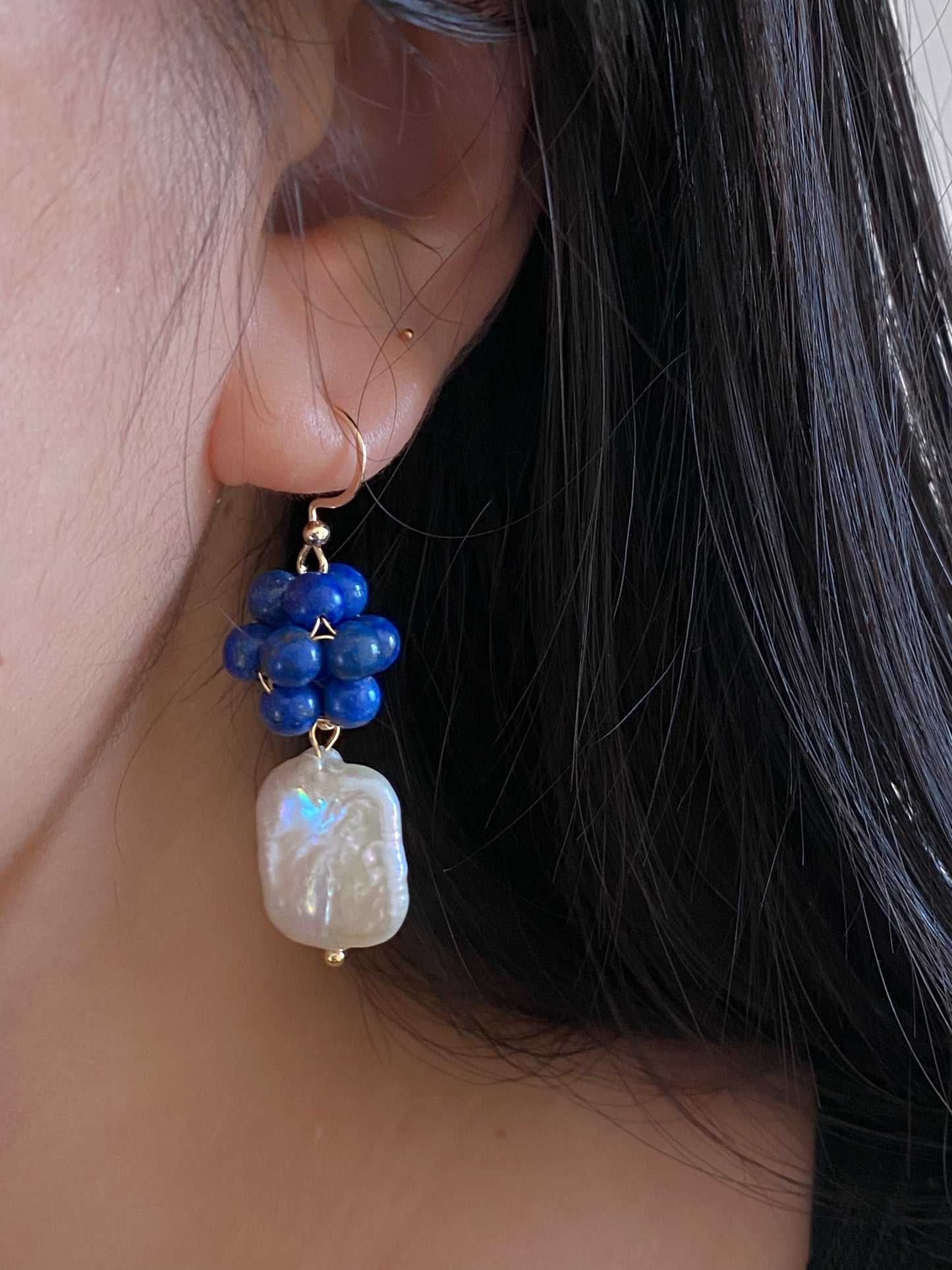 Blooming Lapis Lazuli Sphere & Pearl Earrings - Unique Design for Love Expression