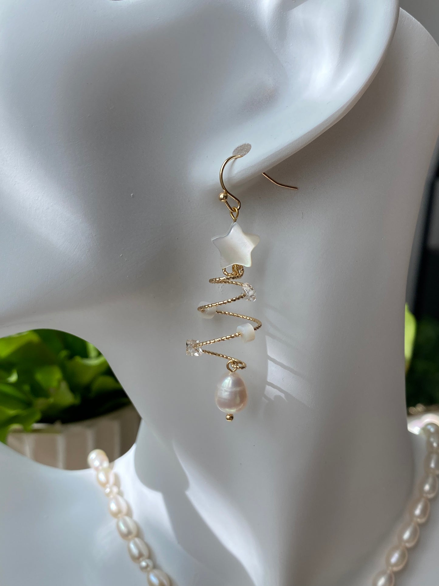 Freshwater pearl with mother of pearl christmas tree shape dangle earring,christmas gift,gift for her