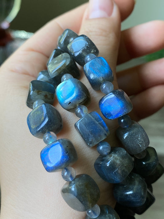 Natural High Grade Blue Fire Rainbow Fire Labradorite square Beaded Bracelet,Groomsman gifts,Bridesmaid Gifts