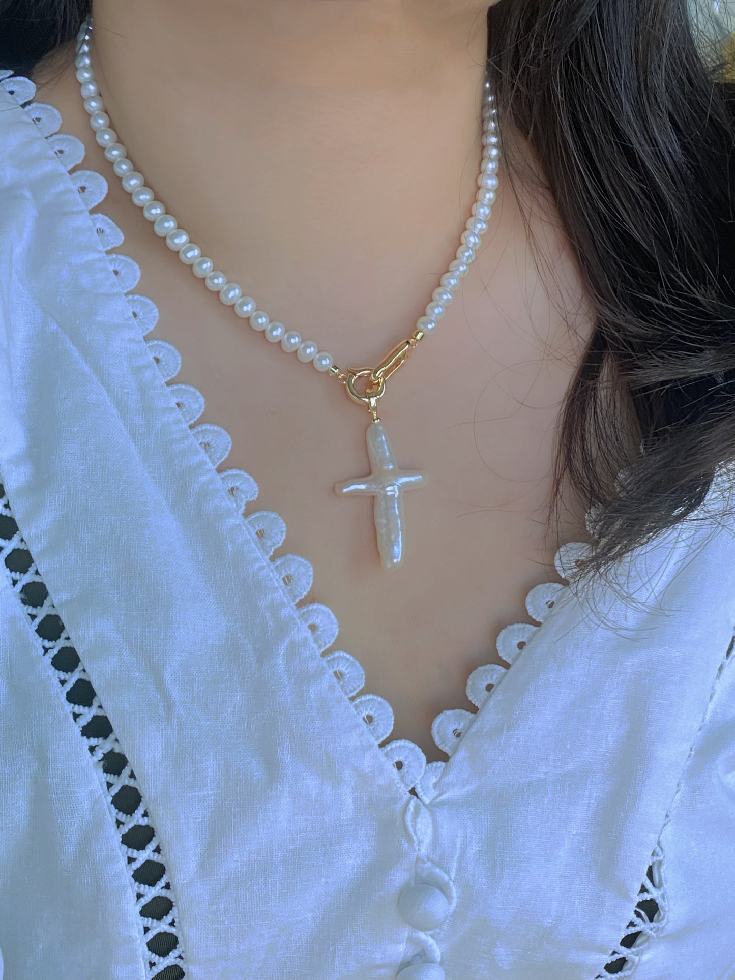 Natural Fresh Water Pearl  Baroque Cross Multiple Use Neckalcel Cross Necklace l Religious Pendantl Customizable Elegant Necklacel best gift