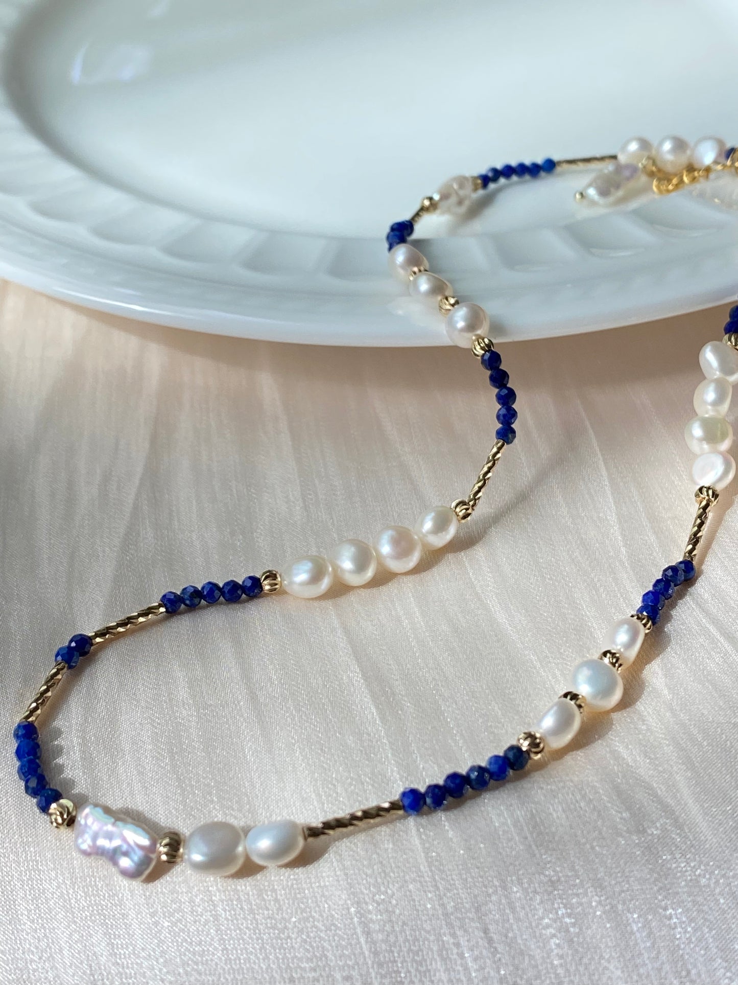 Handmade gift natural lapis lazuli with freshwater pearl chocker necklace,gift for her,gift for him